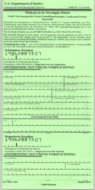 Het groene !-94 formulier wat voor ESTA werd gebruikt.